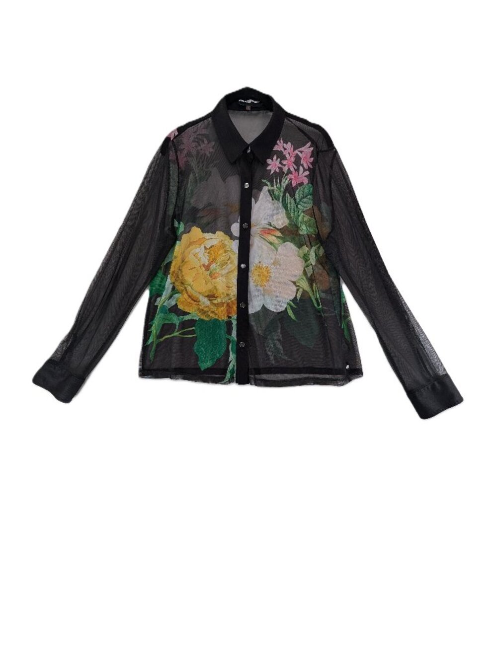 Karl Lagerfeld Paris Top Blouse Womens Size L Mesh Black Floral Button Stretch